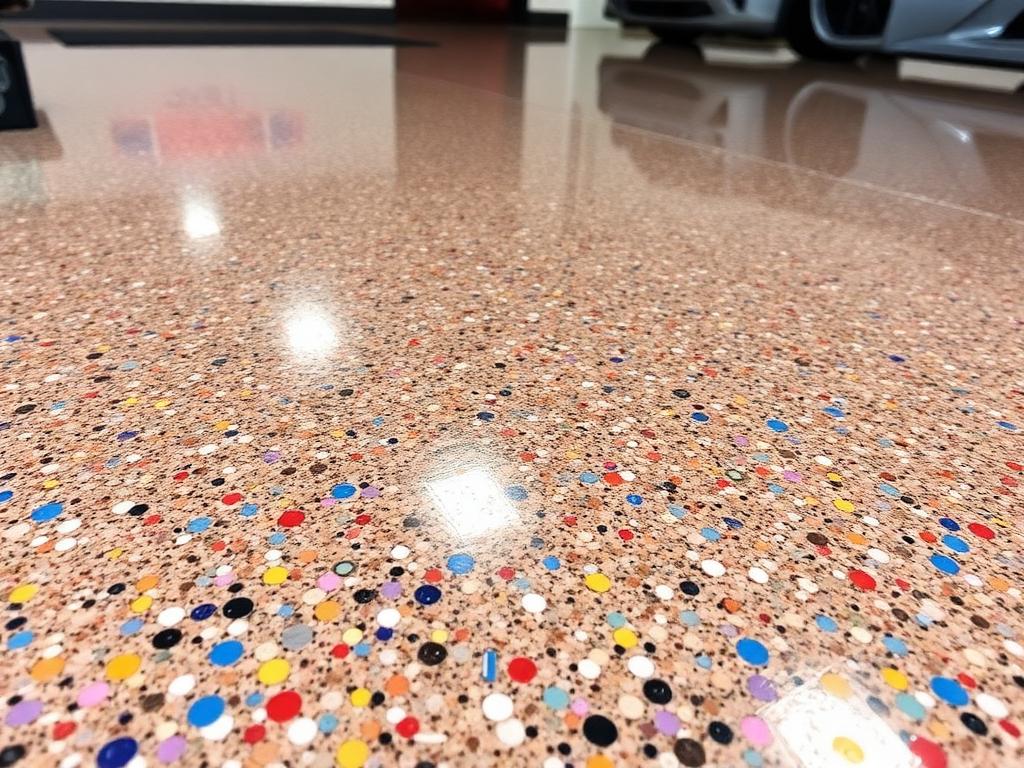 Epoxy flake garage floor close-up