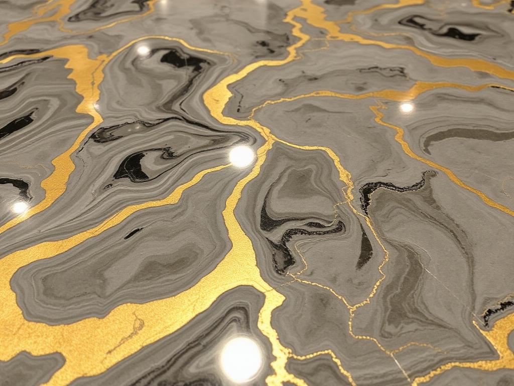 Decorative metallic epoxy floor with gold and slate swirls